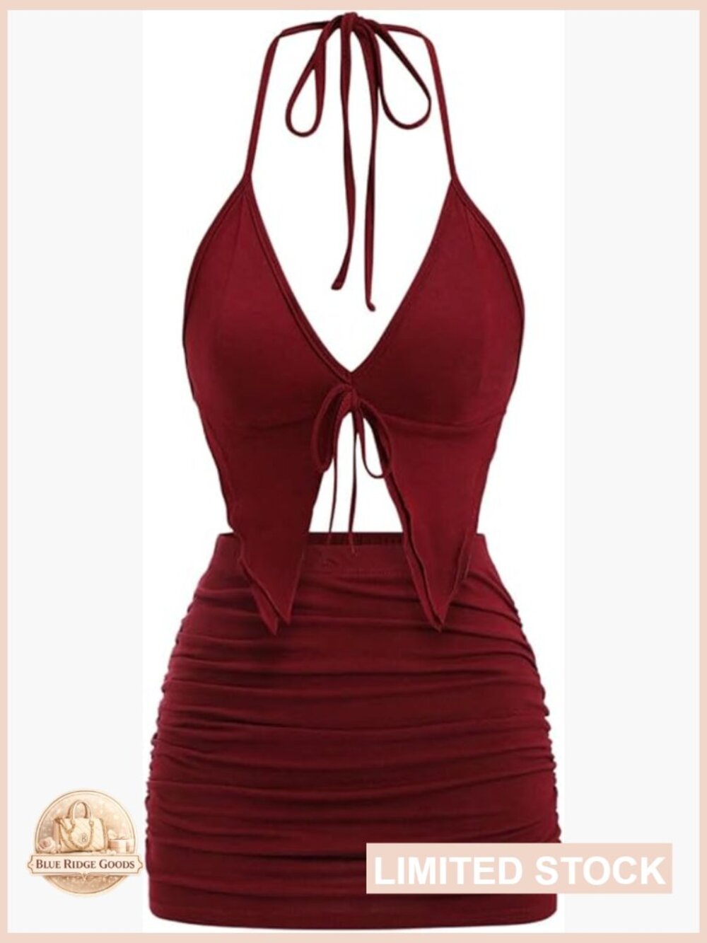 Y2K Two Piece Set Backless Halter Crop Top Ruched Bodycon Mini Skirt